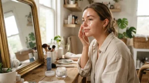 Applying a mattifying primer for combination skin before foundation for a long-lasting velvet finish.