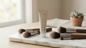 An oil-absorbing mattifying primer for combination skin sitting on a marble countertop next to makeup brushes.