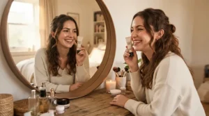 A woman using a mattifying primer for combination skin as part of her morning shine control routine.