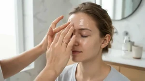 A person applying a mattifying primer for combination skin carefully onto their forehead and nose.