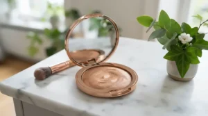 Clean makeup aesthetic featuring a natural-looking bronzer for everyday wear on a marble vanity.