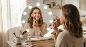 Checking out the subtle finish of a natural-looking bronzer for everyday wear in a vanity mirror.