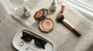 Daily beauty products including a natural-looking bronzer for everyday wear arranged neatly.