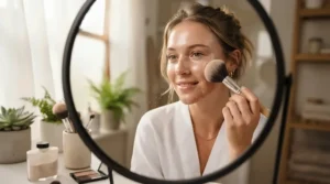 A glowing woman applying a natural-looking bronzer for everyday wear in a brightly lit bathroom.