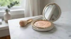 An open compact of long-lasting bronzer for oily skin resting on a marble vanity next to blotting papers.