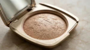 Macro shot of a silky-textured long-lasting bronzer for oily skin in its pan.