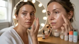 Applying a pore-minimizing primer for oily skin onto the cheek area using clean fingertips in front of a lighted mirror.