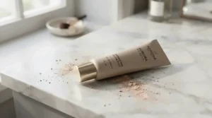 A sleek tube of pore-minimizing primer for oily skin resting neatly on a marble bathroom vanity next to loose setting powder.