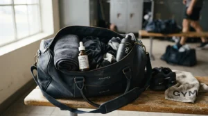A fitness gym bag unpacked to show a tube of pore-minimizing primer for oily skin and a microfiber sweat towel.