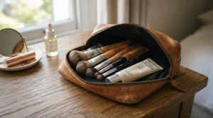 A travel makeup bag holding a tube of pore-minimizing primer for oily skin alongside a brush and lipstick.