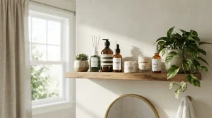 A minimalist bathroom shelf displaying a pore-minimizing primer for oily skin surrounded by green ferns and glass bottles.
