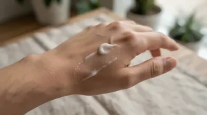 A smooth silk texture swatch of a pore-minimizing primer for oily skin shown against bare skin on the back of a hand.