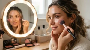 Woman applying powder highlighter for oily skin on cheekbones in a bright bathroom mirror.