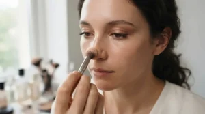 Close-up of powder highlighter for oily skin being dabbed on the nose bridge to control shine.
