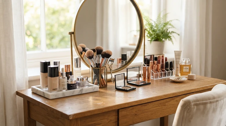 Morning routine scene featuring a powder highlighter for oily skin on a vanity tray.