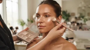 Professional makeup artist demonstrating strobing with a powder highlighter for oily skin.