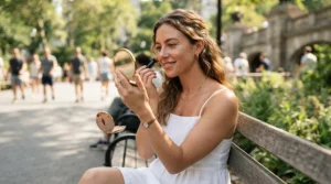 Person holding a compact of powder highlighter for oily skin during a warm outdoor day.
