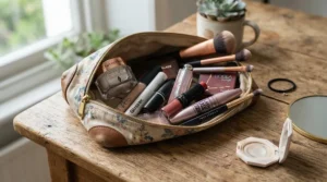 Cosmetic bag containing a powder highlighter for oily skin and blotting papers.