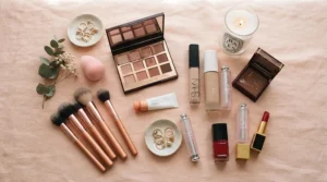 A flat lay featuring a long-lasting bronzer for oily skin, setting powder, and contour brushes.