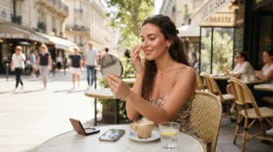 A person utilizing a stick highlighter for on-the-go application at a sunlit outdoor cafe table