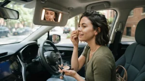 A driver checking a visor mirror for a stick highlighter for on-the-go application in a parked sedan