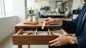 An employee storing a stick highlighter for on-the-go application inside a minimalist workspace drawer