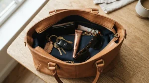 A handbag opened to show a stick highlighter for on-the-go application alongside everyday carry items