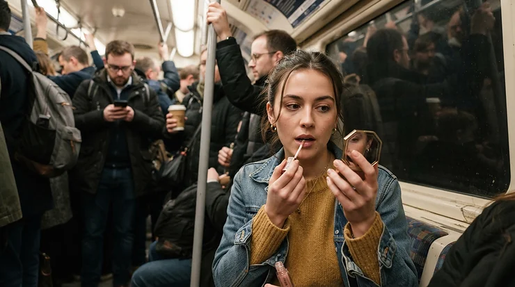 A commuter applying a stick highlighter for on-the-go application in a bustling city subway car