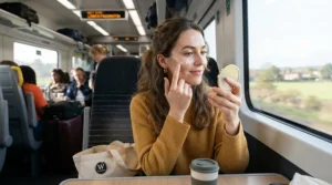 A quick touchup using a subtle highlighter for office-appropriate makeup inside a morning city subway car.