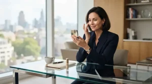An executive applying a subtle highlighter for office-appropriate makeup at a sleek glass corner office desk.