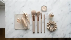 Cosmetic products arranged neatly for creating a subtle highlighter for office-appropriate makeup look on a marble vanity.