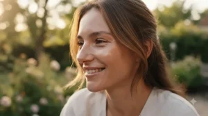 The soft finish of a subtle highlighter for office-appropriate makeup shown under natural afternoon sunlight.