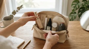 Organizing a cosmetic bag with a subtle highlighter for office-appropriate makeup for the workday rush.
