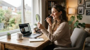 Wearing a subtle highlighter for office-appropriate makeup during a video conference call at a home workspace.