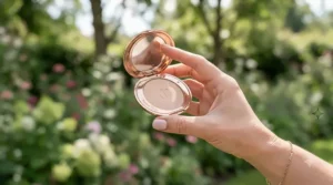 A portable compact of long-lasting bronzer for oily skin held in a hand for quick touch-ups.
