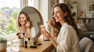 A smiling woman wearing a long-lasting bronzer for oily skin that stays fresh through warm weather.
