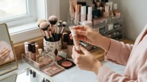 Adding the best eye primer for oily eyelids to a morning makeup routine on a vanity desk.