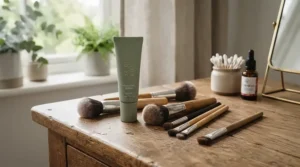 An affordable facial primer for delicate skin under 15 sitting on a vanity table surrounded by makeup brushes.