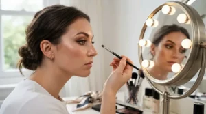 A close-up showing crease-proof results achieved with eye primer for oily eyelids after a long workday.