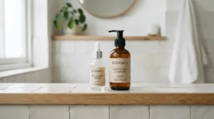 A daily skincare routine setup featuring a soothing facial primer for delicate skin under 15 and a mild cleanser.