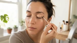 Applying eye primer for oily eyelids to ensure smooth eyeshadow application in a brightly lit vanity room.