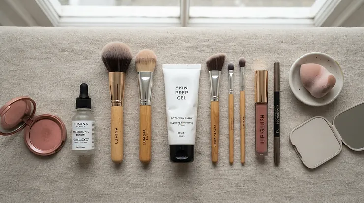 Flat lay photography featuring a face primer for large pores alongside skincare essentials.