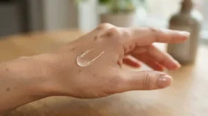 Demonstrating how a face primer for large pores creates a smoothing primer effect on textured skin.