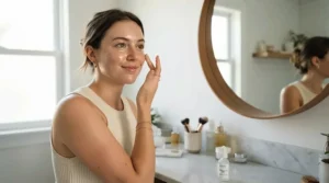 Demonstrating face primer vs pore-minimizing primer for oily skin on a model's cheek in a bathroom.