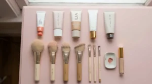 A stylish flat lay showing face primer vs pore-minimizing primer for oily skin alongside makeup brushes.
