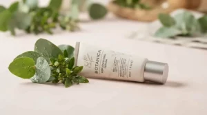 A flat lay of a gentle facial primer for delicate skin under 15 displayed next to fresh aloe leaves on a soft pastel background.