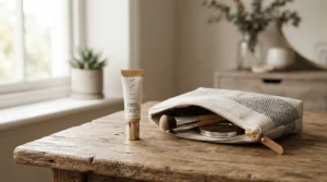 Packing a portable hydrating face primer for dry skin into a makeup bag for on-the-go touchups