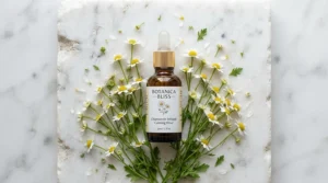 Natural botanical ingredients placed around a hydrating facial primer for delicate skin under 15 on a white stone slab.