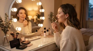 Checking makeup longevity in a mirror after applying a lip primer for long-lasting lipstick.