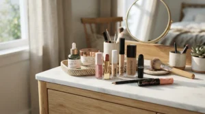 Step-by-step skincare prep including a lip primer for long-lasting lipstick on a vanity.